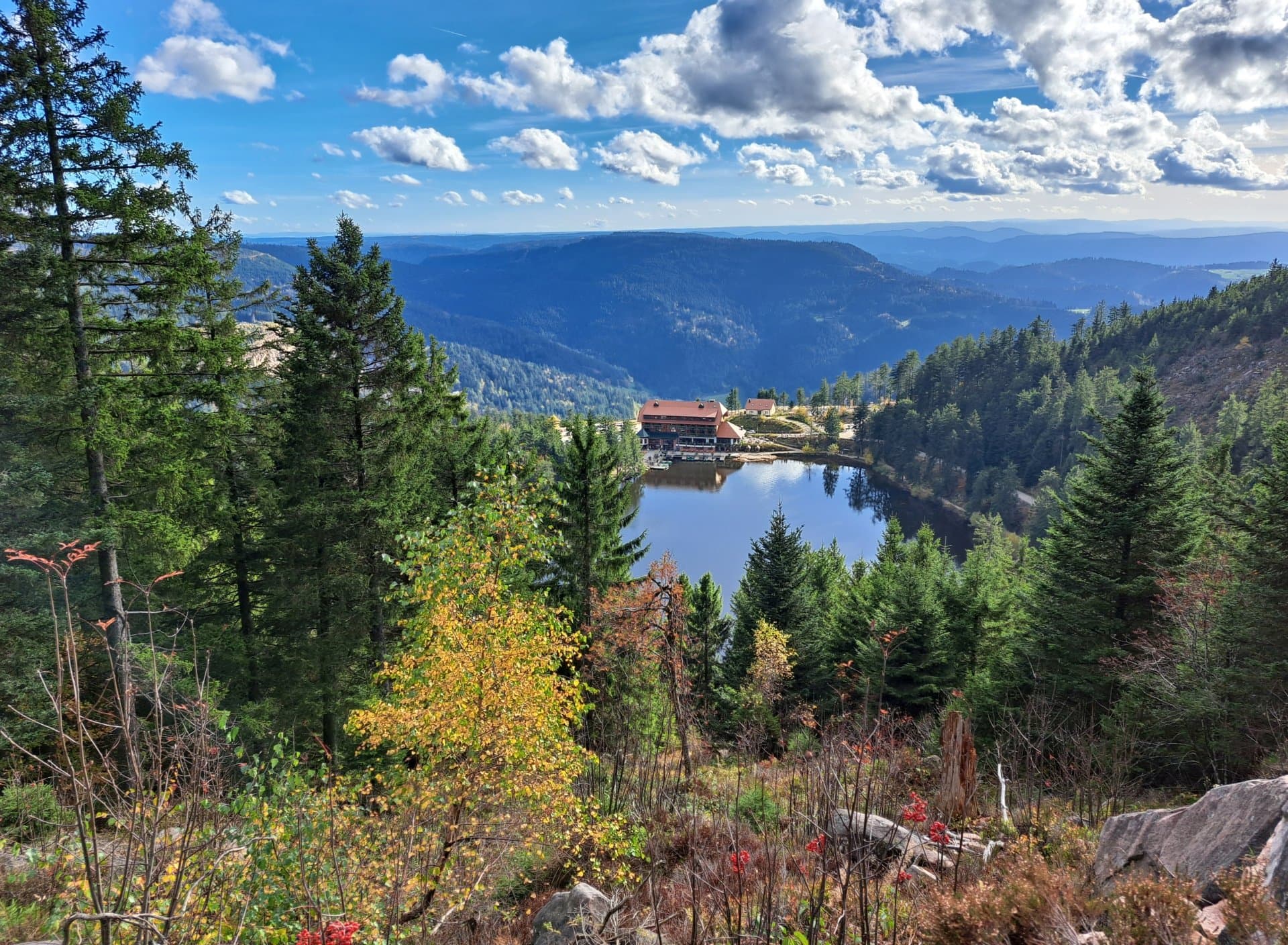 Ausblick auf den Mummelsee mit Hotel und auf ein Wäldermeer. Am Himmel kleine Wölkchen.