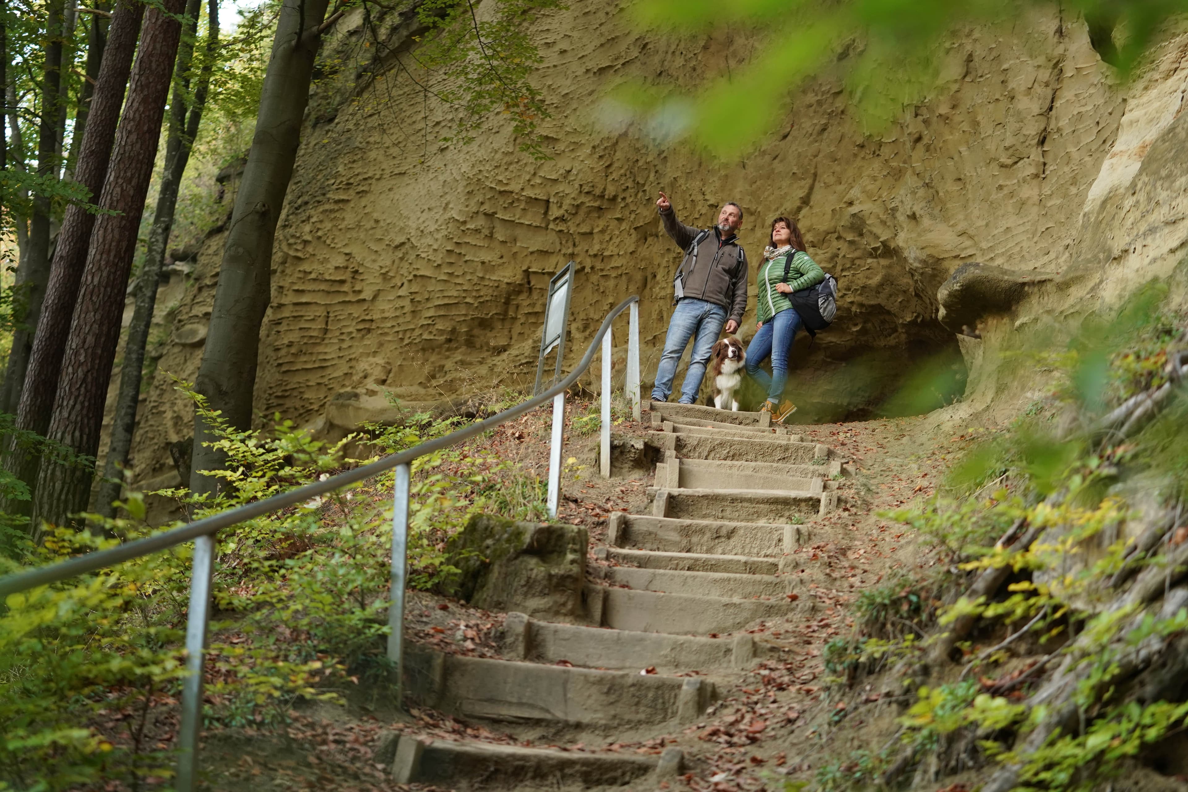 Zwei Wanderer mit Hund an der Treppe der Heidenhölen