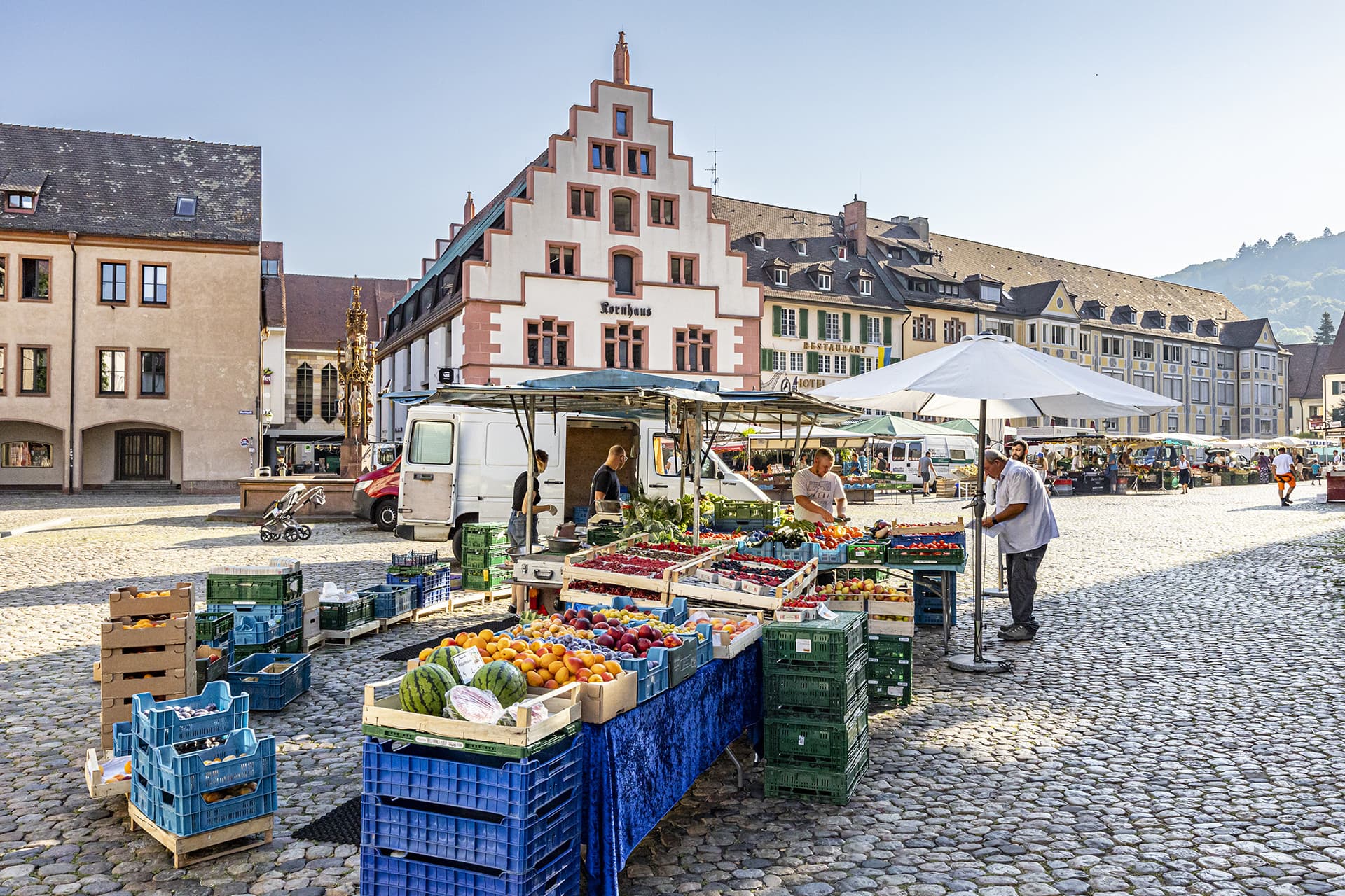 Stand auf dem Münstermarkt mit Obst und Gemüse und im Hintergrund das Kornhaus