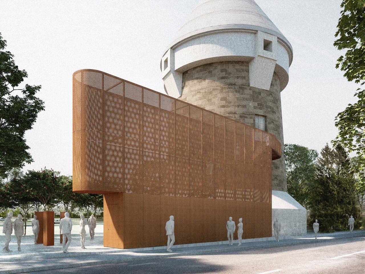 The picture shows a tower with a brownish middle section and a light gray top and bottom section. Next to the tower is a thin, brown steel construction. White figures of people and trees can be seen on the street in front of it and the square behind it.
