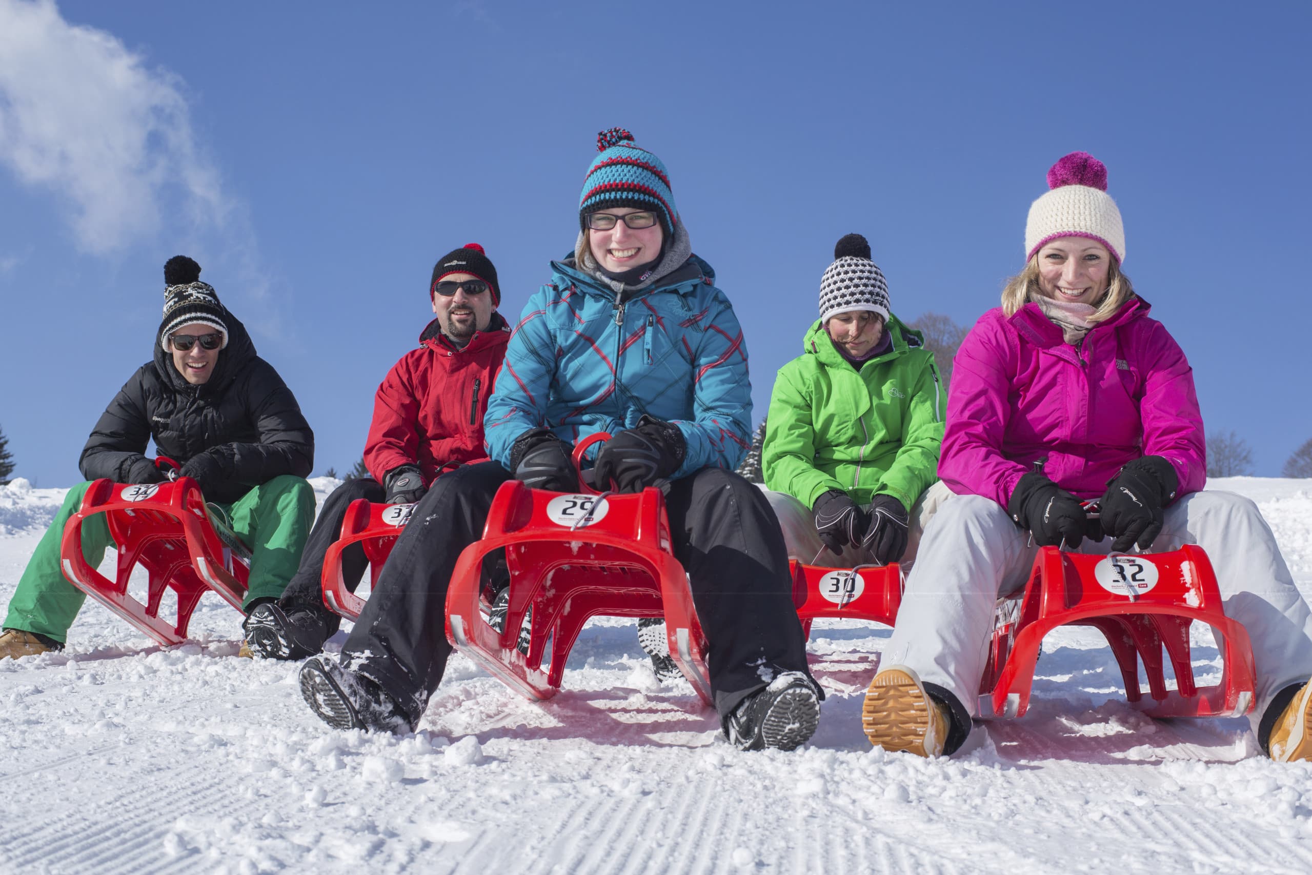 Gruppe auf roten Schlitten.