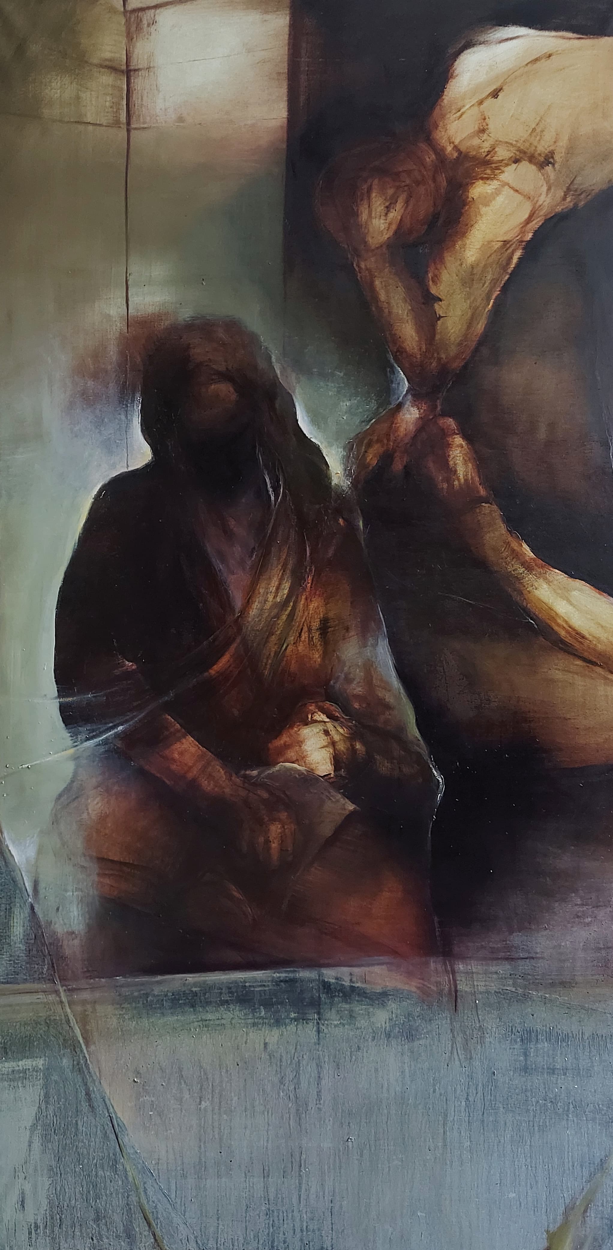 Oil painting "Scettico" by Rosario de Simone. Two unrecognisable figures can be seen. One of them is tearing a page from a book.