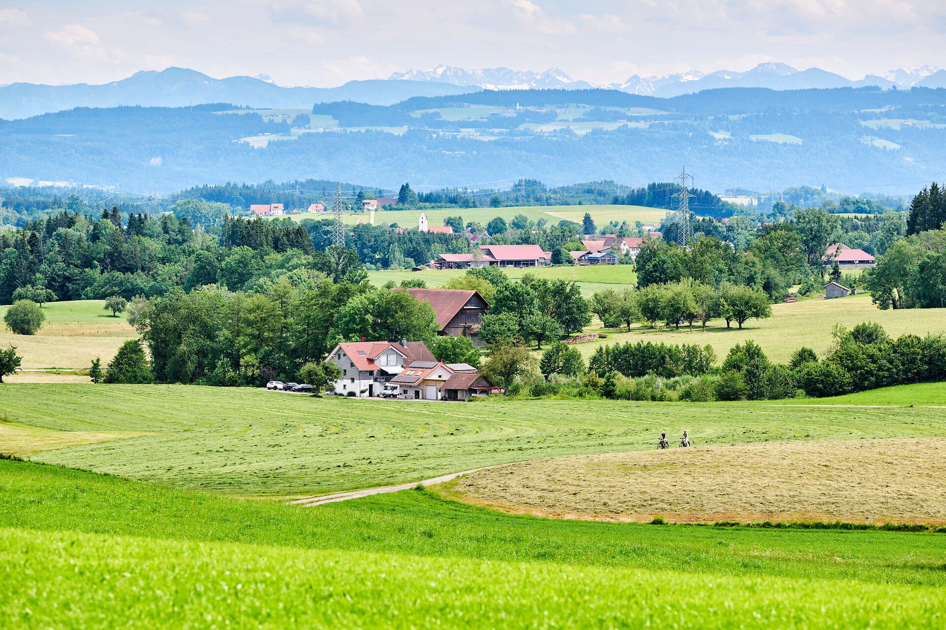 Landscape with green meadows, farms and views of forests and mountains.
