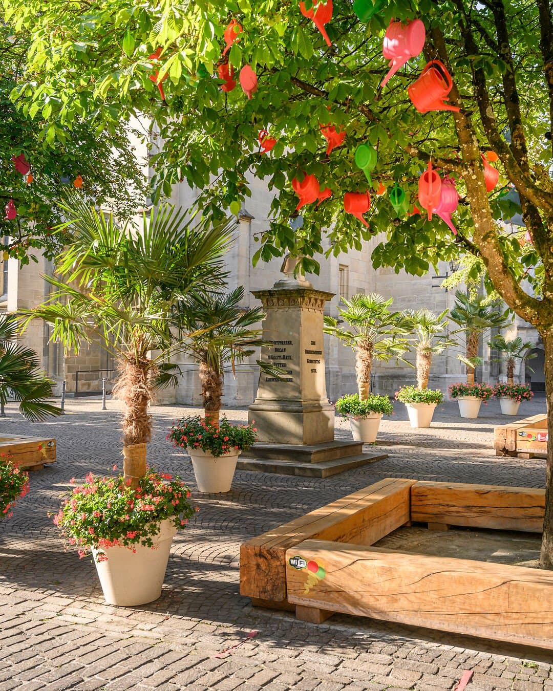 Gießkannen in einem Baum am Überlinger Münsterplatz