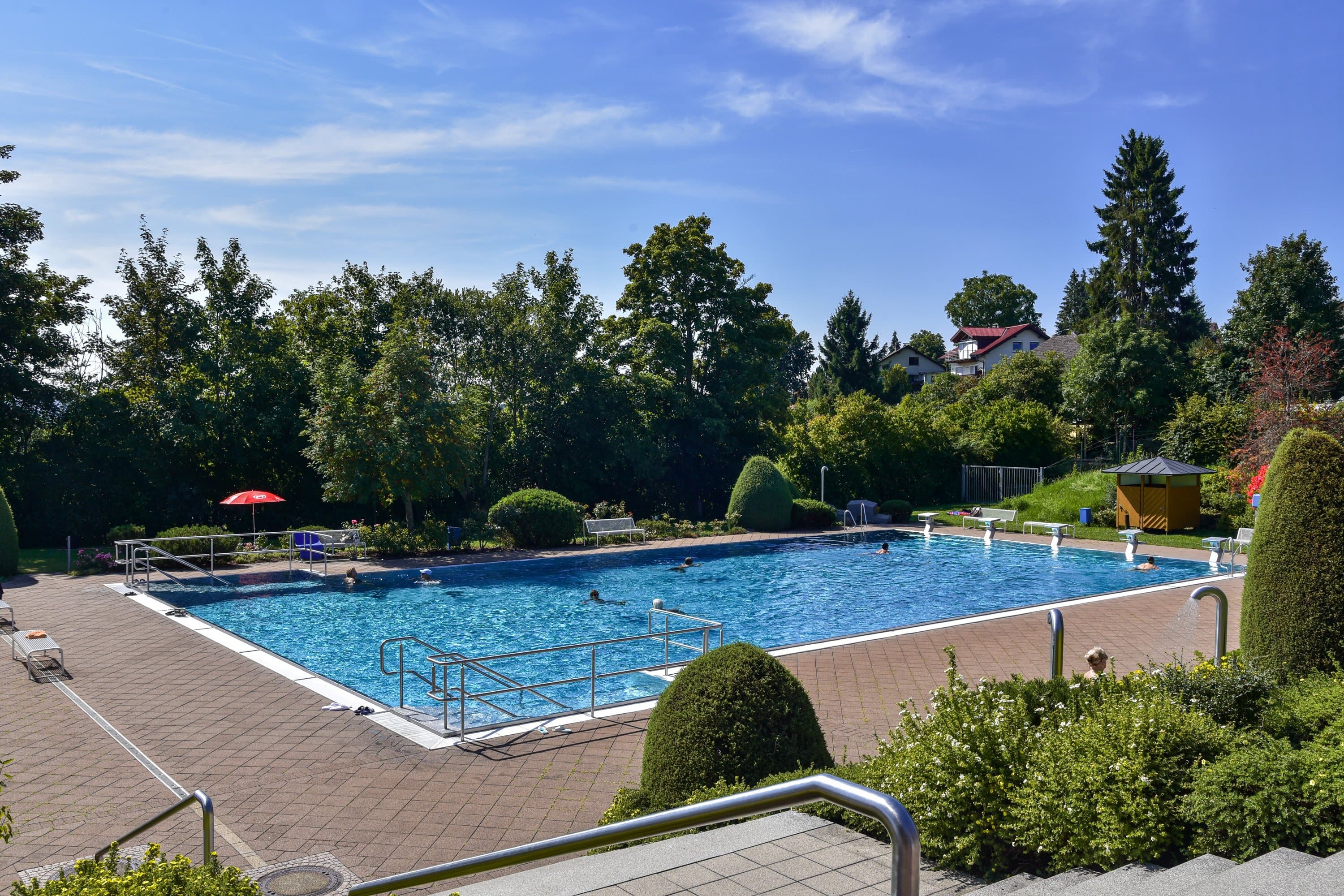 An outdoor pool with a large basin surrounded by trees and bushes. The basin has a ramp for barrier-free access.