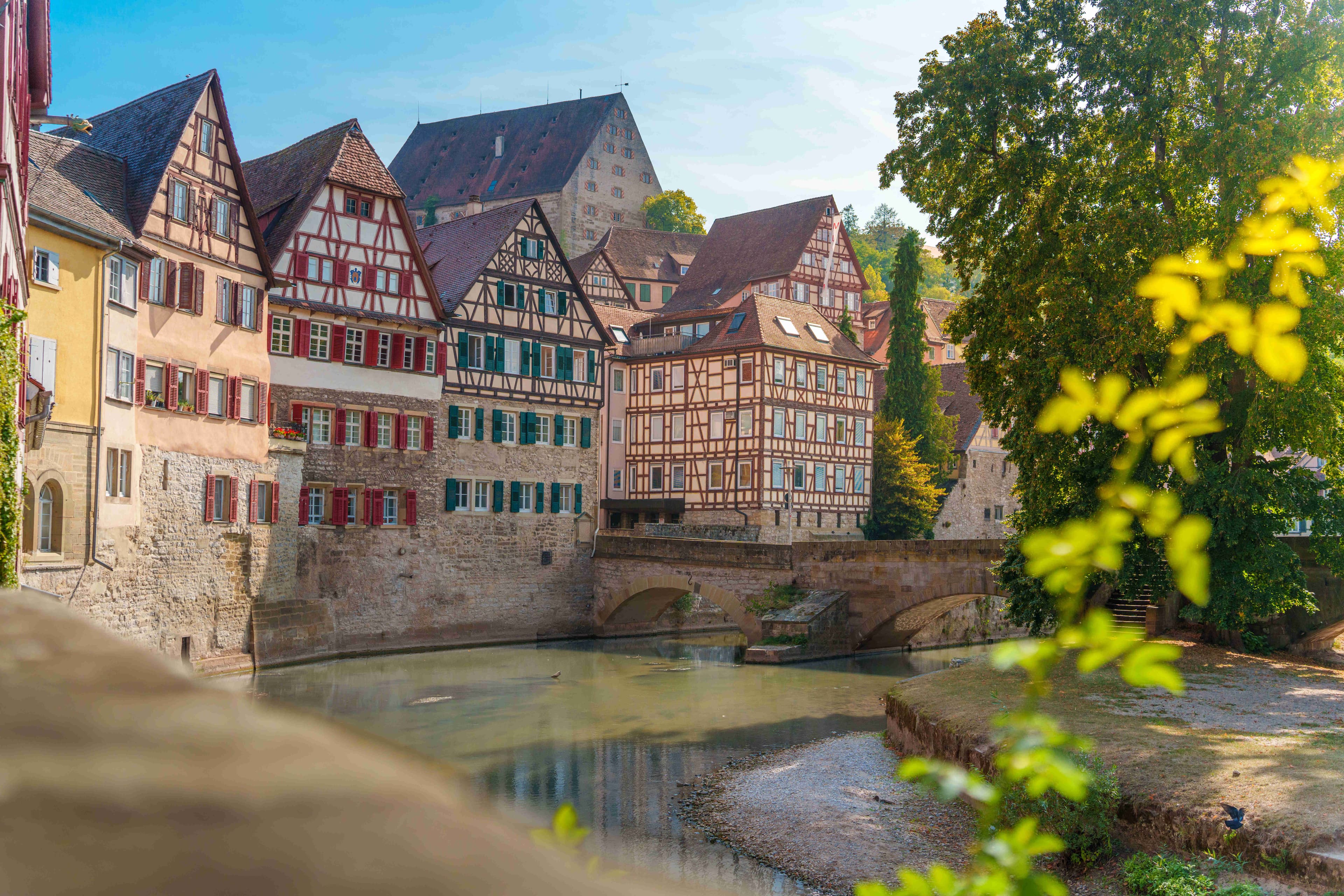 Picture-perfect historic houses along a peaceful river.