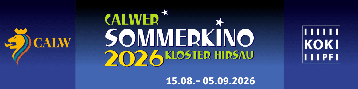 Es ist das Werbebanner mit dem Logo der Stadt Calw und dem Kommunalen Kino sowie dem Veranstaltungsdatum des Sommerkinos 2026 abgebildet.