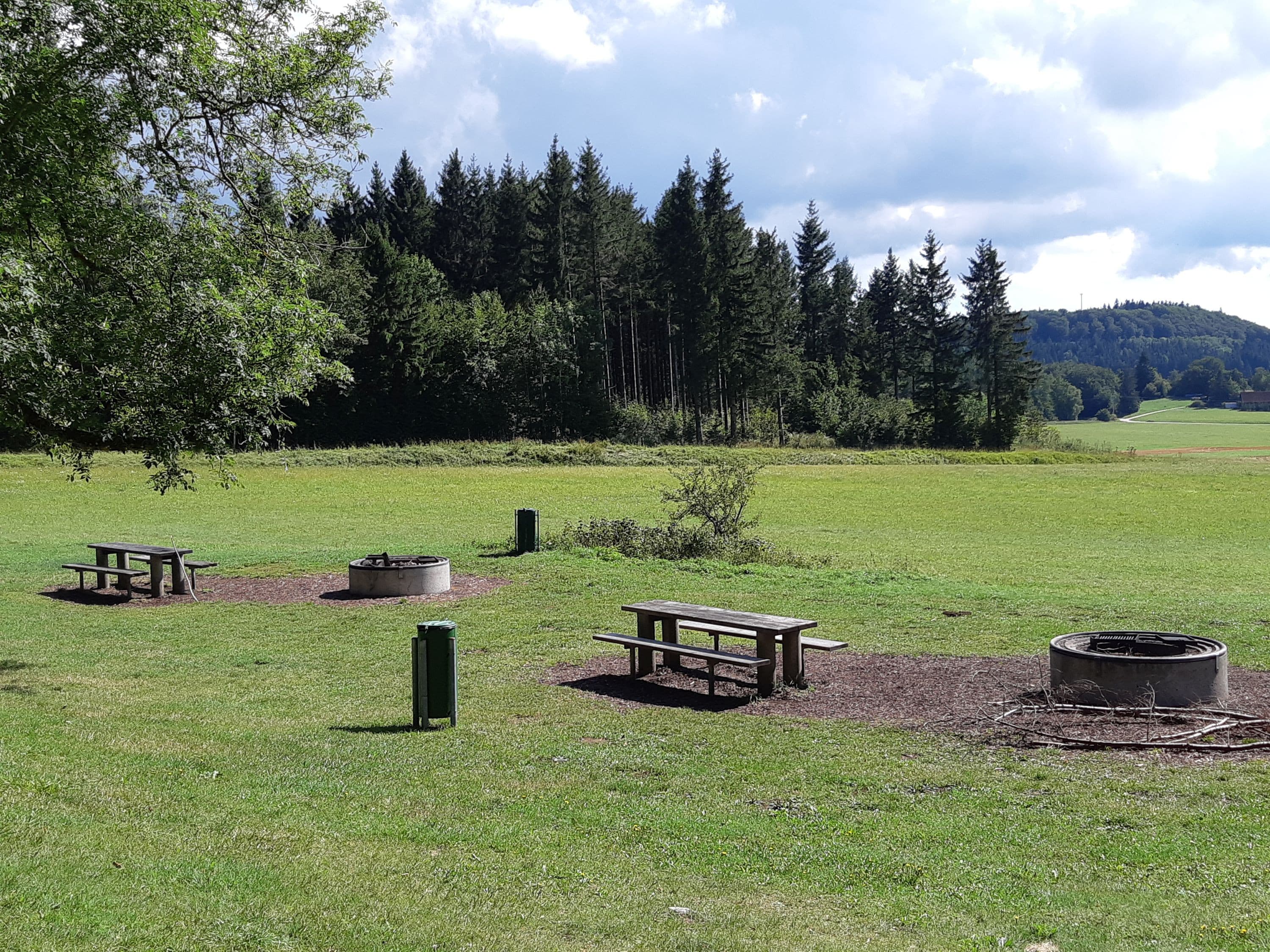 Grillstellen Schneckenbuckel auf großer Wiese mit Bänken und Tischen, im Hintergrund Wald